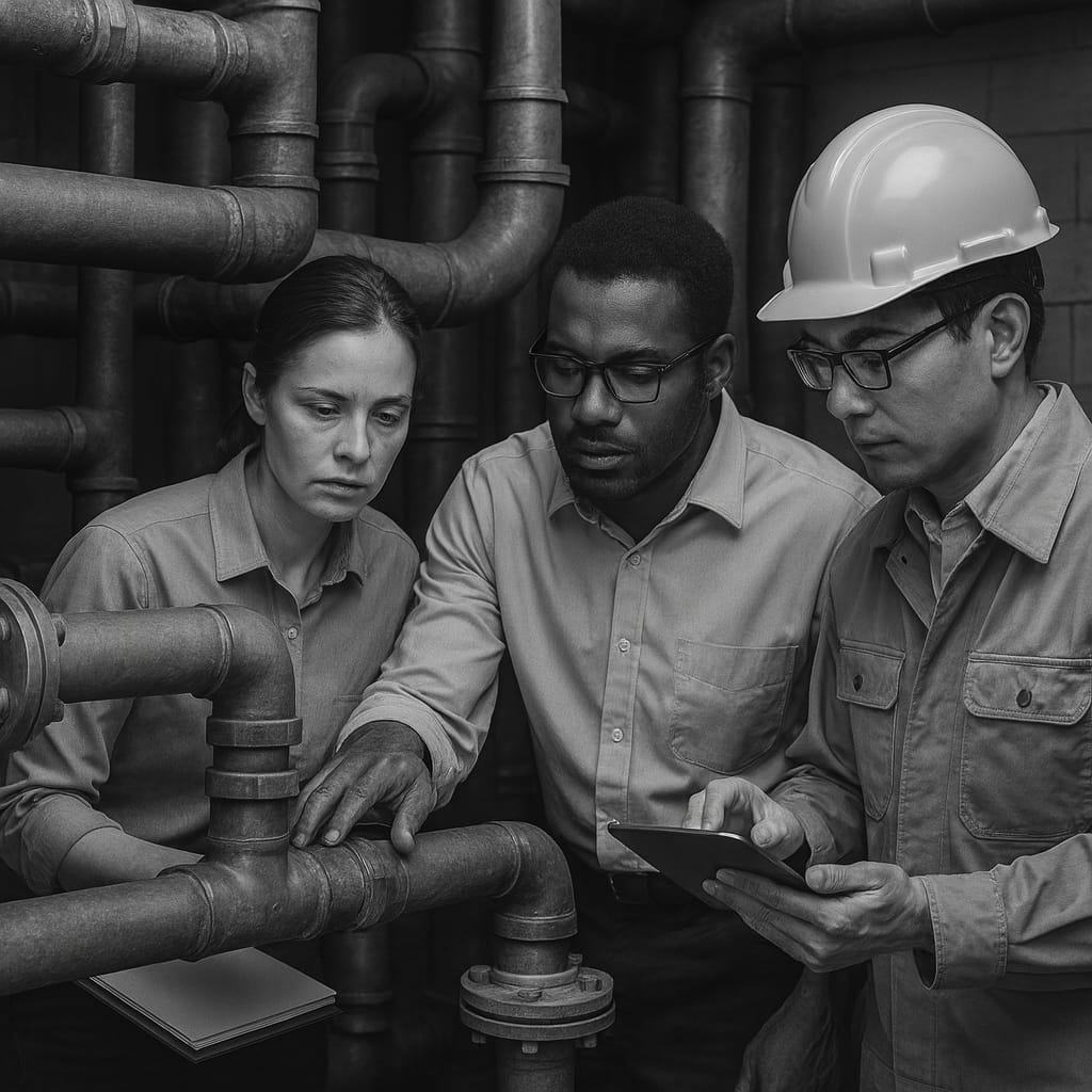 Three engineers inspecting a complex pipe system, symbolizing how to test MuleSoft integration flows with precision.