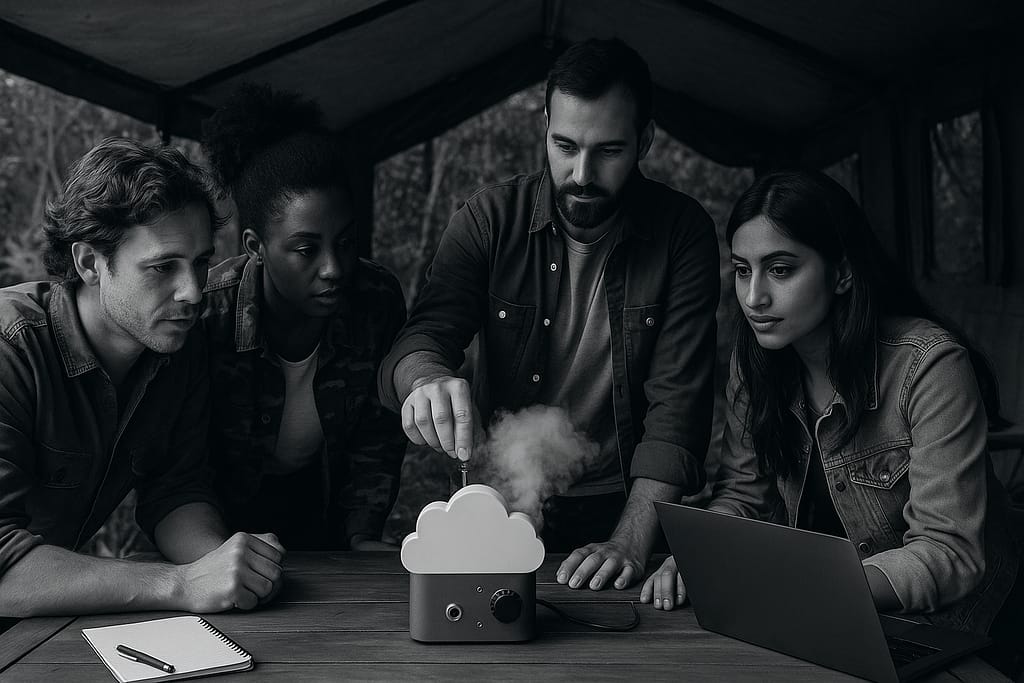 A monochrome image of a diverse team working around a cloud-generating machine inside a tent surrounded by jungle, symbolizing collaboration and complexity in Salesforce QA automation.