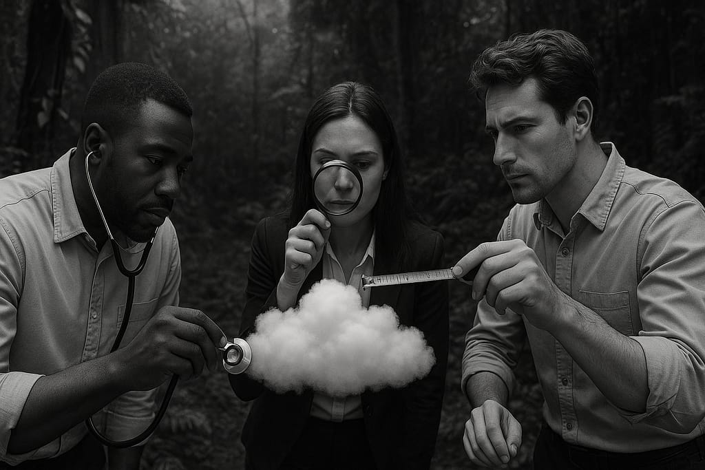 Diverse professional team investigating a cloud, symbolizing a Salesforce QA assessment