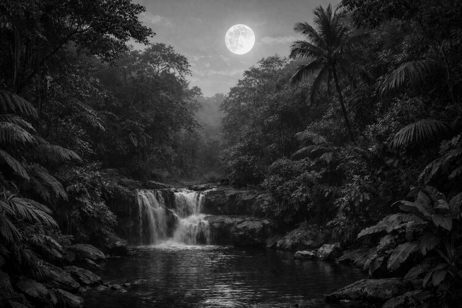Monochrome jungle waterfall at night representing Salesforce managed regression testing running overnight