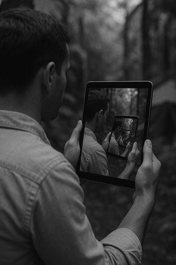 Black and white photo of man holding a tablet with infinite reflection, symbolizing Salesforce regression testing complexity