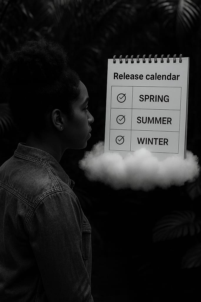 Salesforce release testing calendar with Spring, Summer, and Winter marked, floating in a cloud in the jungle.