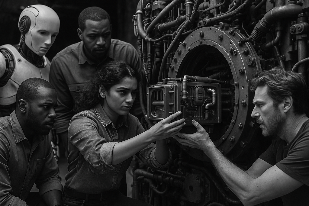 A monochrome photograph of a diverse team and AI systems inserting a smaller machine into a complex larger system, symbolizing Salesforce ISV testing strategy.