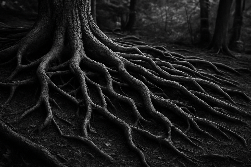 Black and white photo of tree roots symbolizing quality and structure