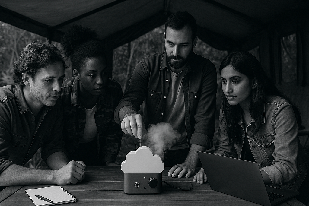 A monochrome image of a diverse team working around a cloud-generating machine inside a tent surrounded by jungle, symbolizing collaboration and complexity in Salesforce QA automation.